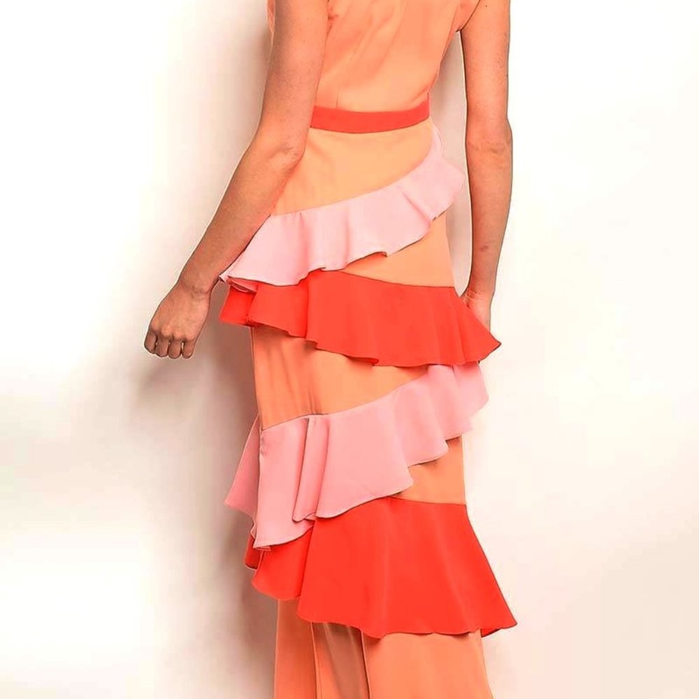 MULTI COLOR BLOCK RUFFLE DETAIL MAXI DRESS - Picture 2 of 3